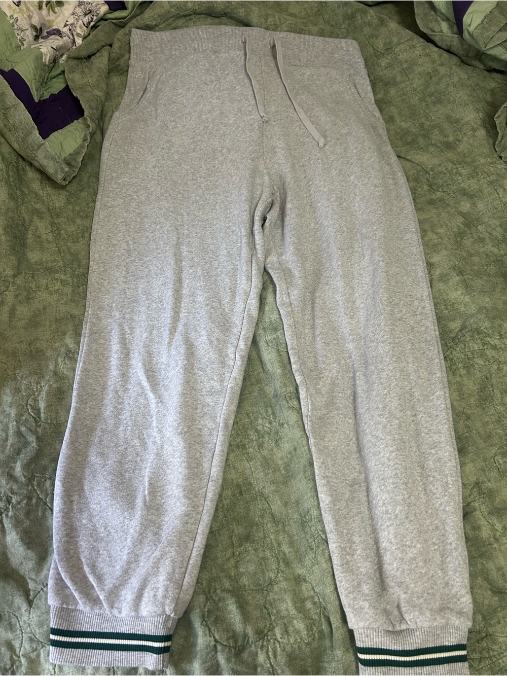 American Eagle Outfitters Light Gray Jogger Sweatpants with Green Stripe Cuffs